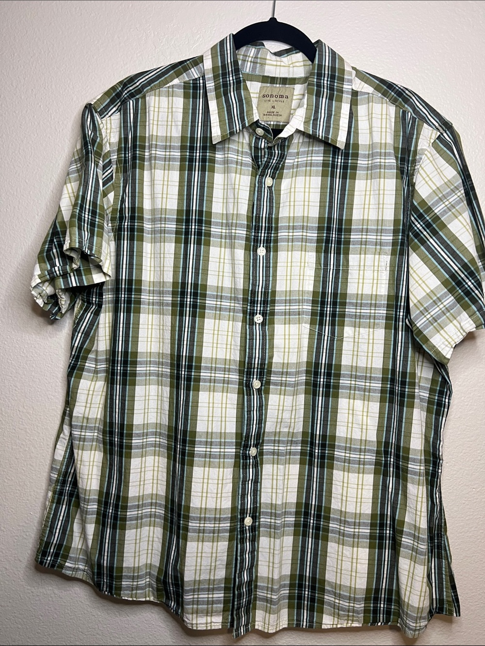 Sonoma Green and White Plaid Short-Sleeve Button-Down Shirt